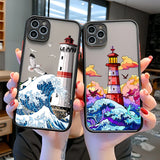 Lkblock Blue Wave Phone Case For iphone 16 15 12 11 13 Pro Max Lighthouse Illustration Cover For iphone X XR XS 7 8 14 Plus Shells