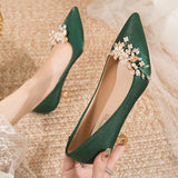 Lkblock Flowers Pointed Toe Pumps for Women New Green Silk Low Heels Shoes Woman Slip on Thin Heeled Lady Shoes Green Party Shoes