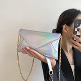 Lkblock New Women's Evening Shoulder Bag Leather Clutch Purse Wedding Party Prom Wedding Envelope Handbag Silver Crossbody with Chain