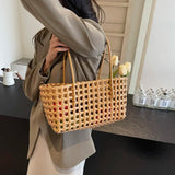 Lkblock Small Solid Color Weave Tote Bags for Women 2024 Fashion Summer Shoulder Bags Simple Handbags Hollow Out Beach Bag