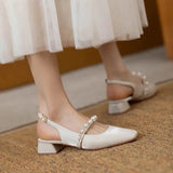 Lkblock New Women Sandals Satin  Square Heel Square Toe Buckle Strap Novelty Street Style British Style Pearl Belt Shoes For Women