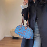 Lkblock Retro Bowling Shoulder Bags For Women Letter Embroidery Solid Color Long Handle Boston Bag Luxury Designer Handbags