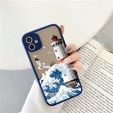 Lkblock Blue Wave Phone Case For iphone 16 15 12 11 13 Pro Max Lighthouse Illustration Cover For iphone X XR XS 7 8 14 Plus Shells