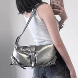 Lkblock Fashion Y2K women Armpit bag small PU Leather Shoulder Bag for female Tote Hip Hop Messenger Bag Commuter Female Handbag silver