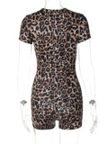 Lkblock 2024 Summer Women's Leopard Print Bodysuits Fashion Sexy V-neck Short Sleeve Fitness Sports Short Jumpsuits One Piece Overalls