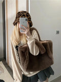 Lkblock Plush Tote Bag Women Autumn Vintage Fur Soft Large Capacity Coffee Shoulder Bag Female Retro Y2k Handbag Aesthetic