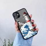 Lkblock Blue Wave Phone Case For iphone 16 15 12 11 13 Pro Max Lighthouse Illustration Cover For iphone X XR XS 7 8 14 Plus Shells