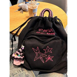 Lkblock Korean 2024 New Canvas Drawstring Star Women's Backpack Color Blocking Letters Fashion Versatile College Student Schoolbag Ins