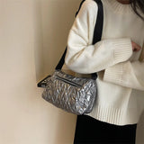 Lkblock Elegant Folded Quilted Cotton Shoulder Bag For Women New 2024 Luxury Bag Bright Surface Silver Crossbody Bags Bucket Bag Handbag