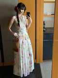 Lkblock Summer Woman Holiday Dress Elegant Floral Midi Dress Beach Style Sexy Sleeveless Dresses Harajuku Outwear Korean Fashion Dress