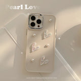 Lkblock Ins Cute 3D Pearl Love Heart Phone Case For iPhone 16 15 14 13 12 11 Pro Max X XS XR 8 7 Plus SE 2022 Soft Silicone Bumper Cover