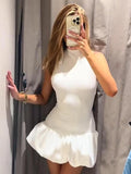 Lkblock Elegant Solid Color Mini Dress For Women Knitted O Neck Sleeveless Backless Female Skirts 2024 Summer New Chic Ladies Robe