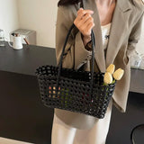 Lkblock Small Solid Color Weave Tote Bags for Women 2024 Fashion Summer Shoulder Bags Simple Handbags Hollow Out Beach Bag