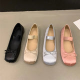 Lkblock Luxury Satin Silk Ballet Shoes Woman Classic Square Toe Bowtie Elastic Band Ballerina Flats Ladies Soft Loafers