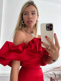 Lkblock Red Evening Party  Dresses Elegant Fashion Women's Slash Neck High Waist Tunics Bodycon Package Hip Short Beach Dress 2024 Y2K