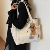 Lkblock Corduroy Large Tote Bag with Pendant New Fashion Simple Style Handbag Large Capacity Student Side Bags for Women