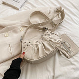 Lkblock Rivet Pleated Dumpling Bag，New Ins Fashion One Shoulder Underarm Bag, Trendy Messenger Bag Handbag