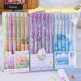 Lkblock 6pcs Erasable Gel Pens Romantic Flowers Blue Black Ink Signature Pens with Erasers 0.5mm Cute Pens Writing Tools Office School