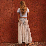 Lkblock White Lace Maxi Skirt Women Sexy See Through Beach Bikini Cover Up Skirts Summer Casual Loose High Waist Holiday Skirt