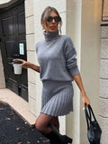 Lkblock Autumn Women's High Collar Solid Color Knit Pullover Set New Women Fashion Long Sleeve Casual Skirts Suits 2024 Female Outfits