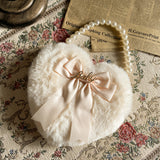 Lkblock Original Lolita Love Heart Plush Hand-Carrying Bag Bow Cute Pearl Chain Plush Bag JK Bag