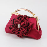 Lkblock Satin Flower Clutches Handbag Women's small Evening Bag Diamond Wedding Purse elegant Chain Shoulder Bags champagne red