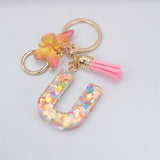 Lkblock New Exquisite 26 Letter Resin Keychain with Pink Tassel Gradient Butterfly Pendant Key Ring Women Bag Ornaments Accessories Gift