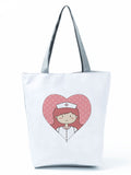 Lkblock Cartoon Ladies Nurse Printed Handbag Foldable High Capacity Women Shoulder Bag Eco Reusable Shopping Bag Chic Travel Beach Bag