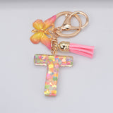 Lkblock New Exquisite 26 Letter Resin Keychain with Pink Tassel Gradient Butterfly Pendant Key Ring Women Bag Ornaments Accessories Gift