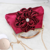 Lkblock Satin Flower Clutches Handbag Women's small Evening Bag Diamond Wedding Purse elegant Chain Shoulder Bags champagne red