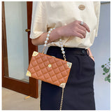 Lkblock Rhombus Lattice Shoulder Handbags for Women Luxury Leather Crossbody Bag Pearl Chain Tote Bag Ladies Solid Color Messenger Bags