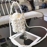 Lkblock Women's Pearl Clutch Bag Bucket Shape Luxury Designer Handbag Evening Clutch Bag Wedding Fashion Ladies White Hand Bags