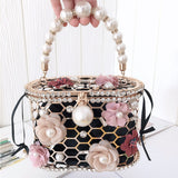 Lkblock Luxury Wedding Clutch Purse Elegant Flower Pearl Handbag for Women Evening Bag Rhinestone Metal Hollow Party Bucket Bag ZD1636