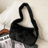 Lkblock Simple Design Women Soft Plush Hobos Shoulder Bags Winter Furry Ladies Clutch Purse Handbag Fashion Female  Underarm Bag