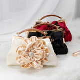 Lkblock Satin Flower Clutches Handbag Women's small Evening Bag Diamond Wedding Purse elegant Chain Shoulder Bags champagne red