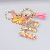 Lkblock New Exquisite 26 Letter Resin Keychain with Pink Tassel Gradient Butterfly Pendant Key Ring Women Bag Ornaments Accessories Gift