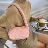 Lkblock Simple Design Women Soft Plush Hobos Shoulder Bags Winter Furry Ladies Clutch Purse Handbag Fashion Female  Underarm Bag