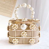 Lkblock Women's Evening Clutch Bag Hollow Out Pearl Flowers Beaded Metallic Wedding Clutch Purse Bucket Handbag for Party ZD1626