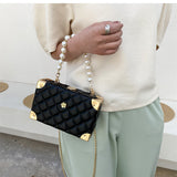Lkblock Rhombus Lattice Shoulder Handbags for Women Luxury Leather Crossbody Bag Pearl Chain Tote Bag Ladies Solid Color Messenger Bags