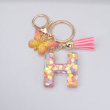 Lkblock New Exquisite 26 Letter Resin Keychain with Pink Tassel Gradient Butterfly Pendant Key Ring Women Bag Ornaments Accessories Gift