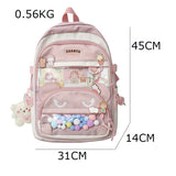 Lkblock New Multi-pocket Pink Kawaii Girls School Backpack For Teenager Female Book Schoolbag Women Transparent PVC  Nylon Mochila