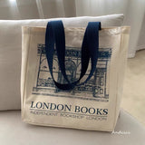 Lkblock Women Canvas Shoulder Bag London Books Print Ladies Casual Handbag Tote Bag Reusable Large Capacity Cotton Shopping Beach Bag