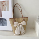 Lkblock Casual Straw Woven Handbags Women Summer Holiday Beach Bow Totes Top-Handle Bags Fashion Ladies Undearm Shoulder Bags