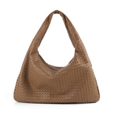 Lkblock Woven Solid Color Large Capacity Portable Shoulder Bag Simple Casual Soft Leather Shopping Bag