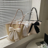 Lkblock Casual Straw Woven Handbags Women Summer Holiday Beach Bow Totes Top-Handle Bags Fashion Ladies Undearm Shoulder Bags