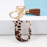 Lkblock Fashion Acrylic Leopard Letter Keychain With Tassel Fashion Couple 26 A-Z Initial Letter Pendant With Key Ring For Women Bag