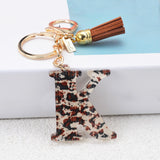 Lkblock Fashion Acrylic Leopard Letter Keychain With Tassel Fashion Couple 26 A-Z Initial Letter Pendant With Key Ring For Women Bag