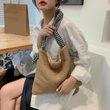 Lkblock Casual Large Capacity Woven Straw Handbags Summer Handmade Rattan Women Shoulder Bags Beach Vacation Female Shopping Bags Totes