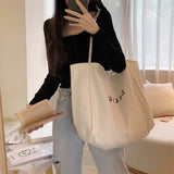 Lkblock Large Capacity Cotton Reusable Shopping Bag Women Canvas Shoulder Bag DELIGH Print Solid Color Causal Handbag Tote Bag Beach Bag