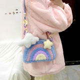Lkblock Rainbow Plush Purses and Handbags for Women 2022 Shopper Acrylic Chain Cloud Pendant Cute Girls Pearl Wallet Shoulder Bag